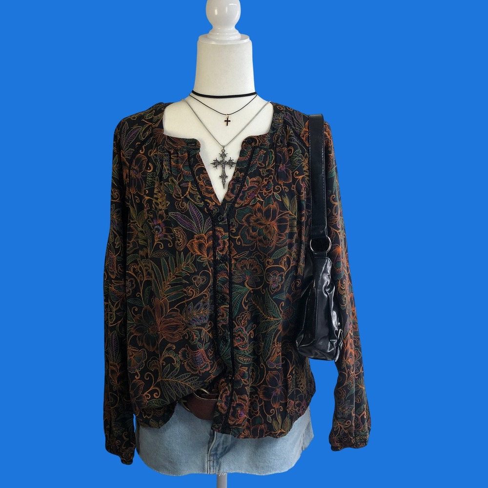 Daniel Rainn Dark Floral Rayon Long Sleeve Boho Blouse Size L Olive Rust Black